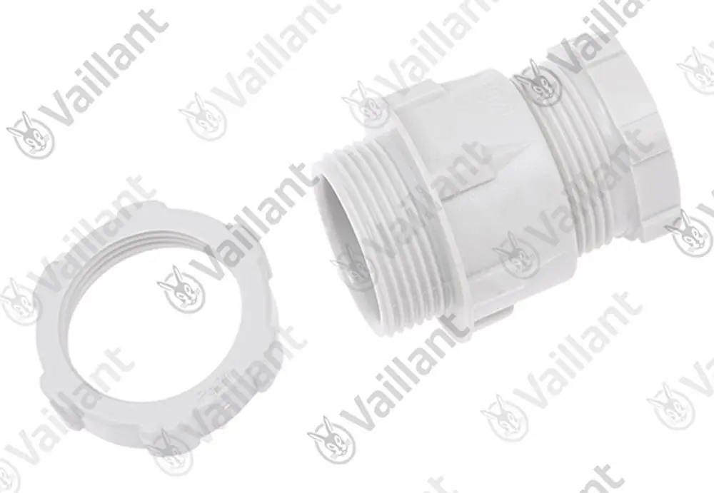 Vaillant-Verschraubung, bestehend aus einem gewindetragenden Teil und einem verschließbaren Ring. Beide Komponenten sind aus Kunststoff gefertigt.
